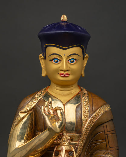 Close Up of Tsangpa Gyare Statue with Vitarka Mudra and Oxidized Copper Monastic Robes