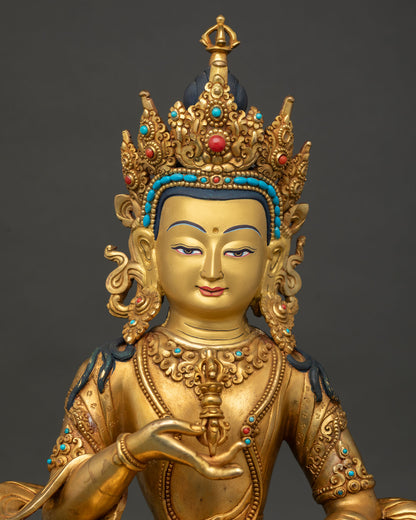 Close-up of Vajrasattva Buddhist statue showing gold-painted face and intricate craftsmanship