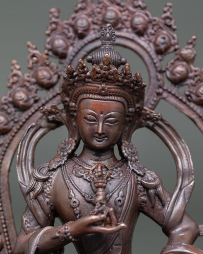 Close-up of Vajrasattva Statue, showing oxidized finish and intricate Himalayan craftsmanship