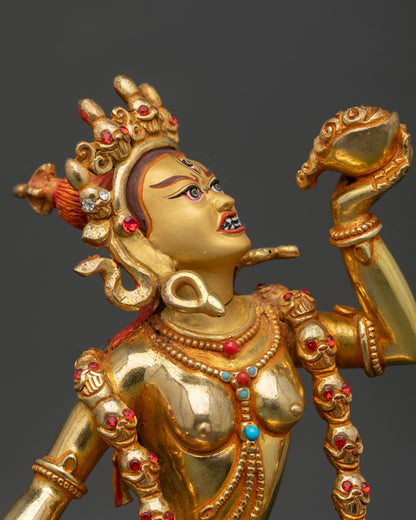 Close Up of Vajrayogini Statue with Gold Painted Face Five Skull Crown and Sacred Kartika