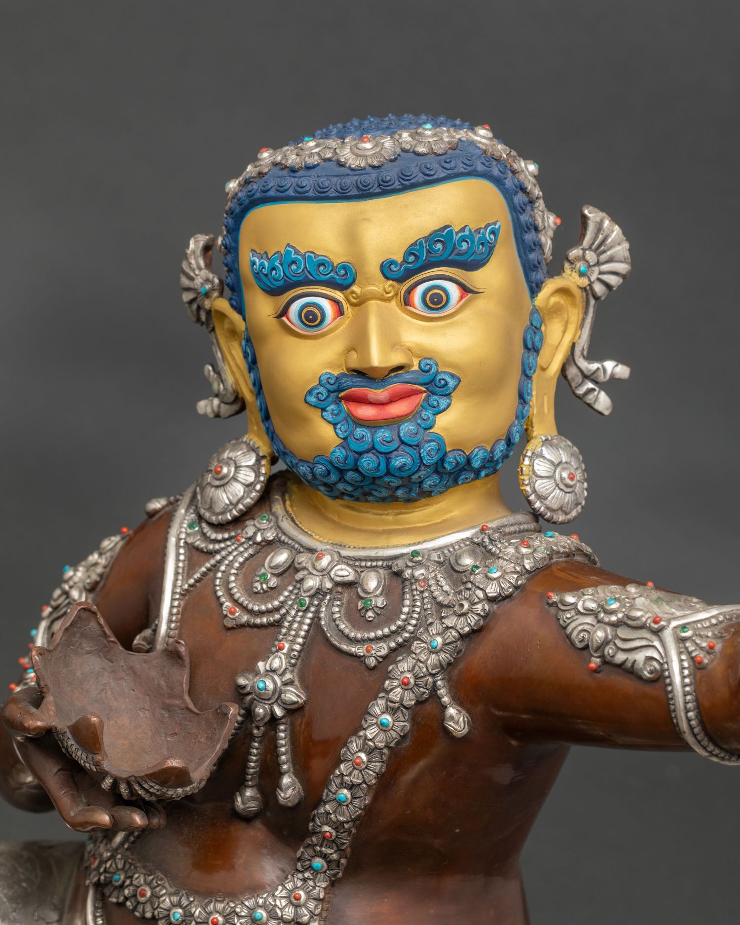 Close Up of Virupa Mahasiddha Statue with Semi Precious Stones and Intricate Newari Craft Details