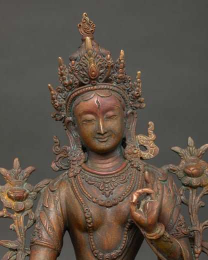 close up of white tara bodhisattva face with antique copper details and serene expression