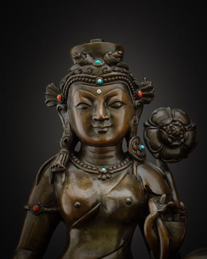 Close-Up of White Tara – Copper Statue Detail, Healing Deity, Nepal