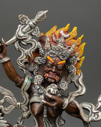 Close up Palden Lhamo Sculpture holding khatvanga skull cup Himalayan Buddhist art