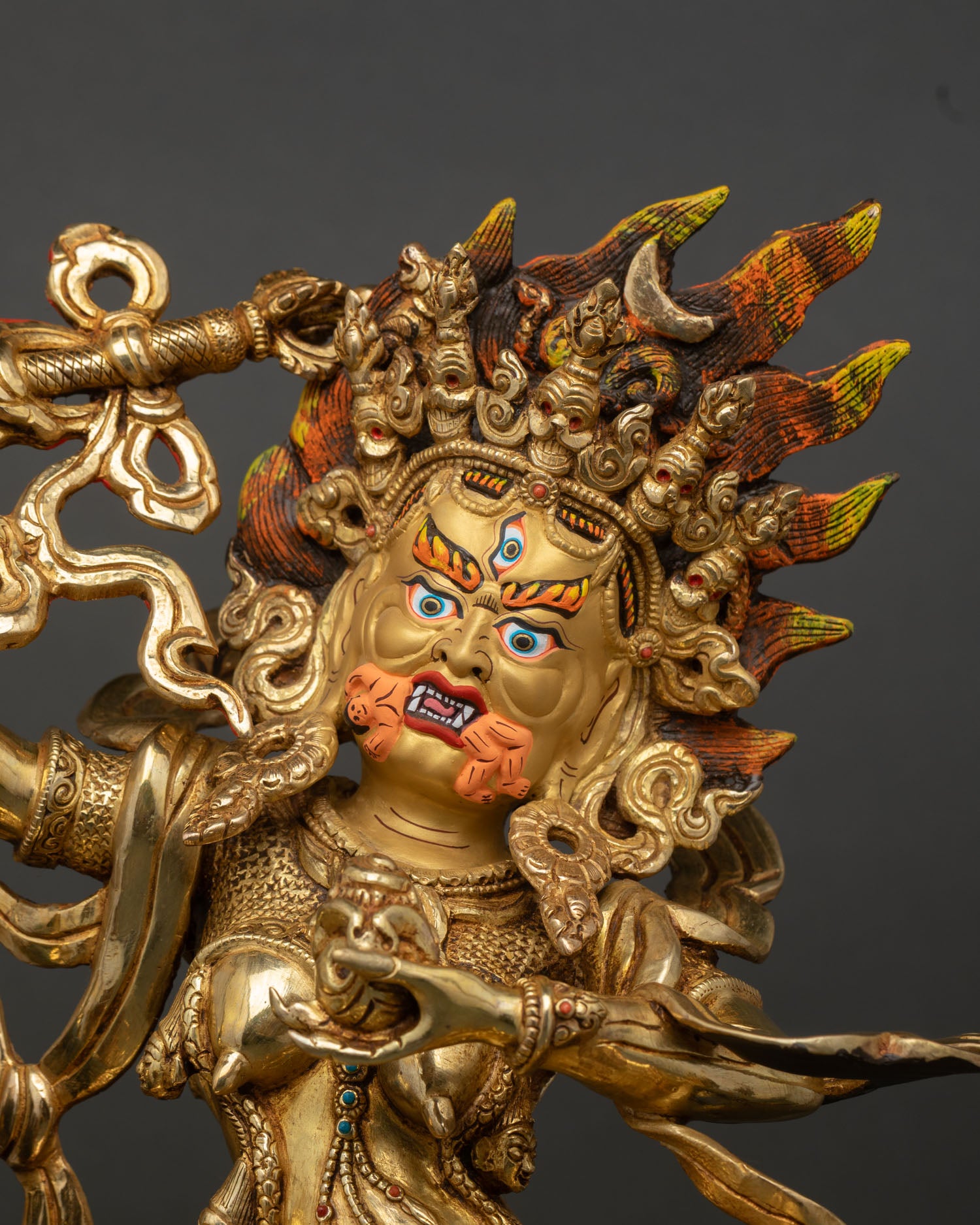 Close Up Palden Lhamo Statue on Mule, Handcrafted Copper Fire Gilded Details