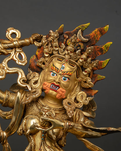 Close Up Palden Lhamo Statue on Mule, Handcrafted Copper Fire Gilded Details