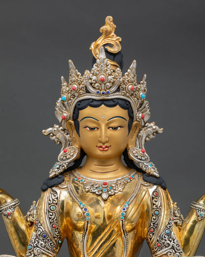 Close up Prajnaparamita altar statue hand painted face Himalayan Buddhist art