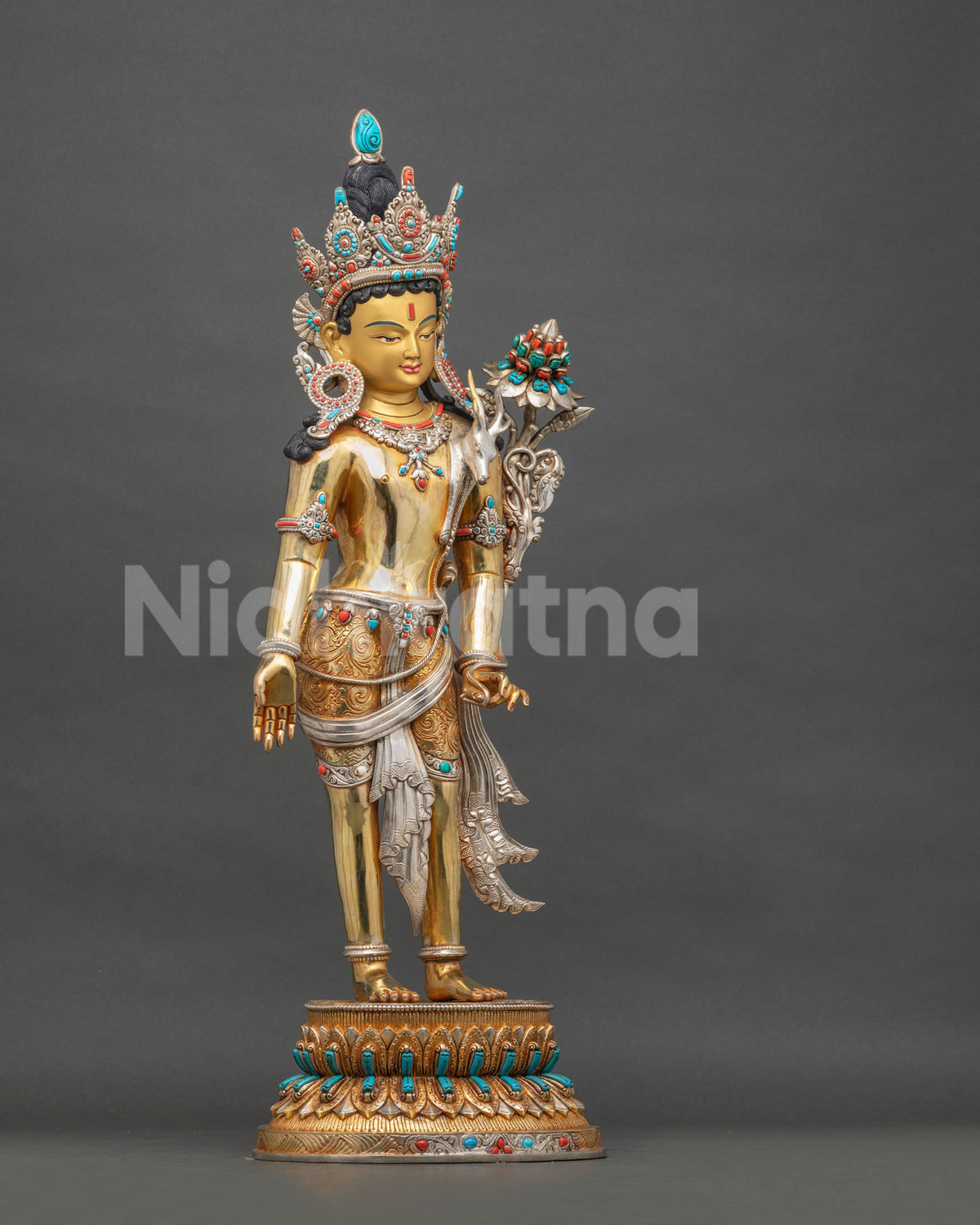 Right side view of Standing Lokeshvara statue, handcrafted copper Buddhist sculpture