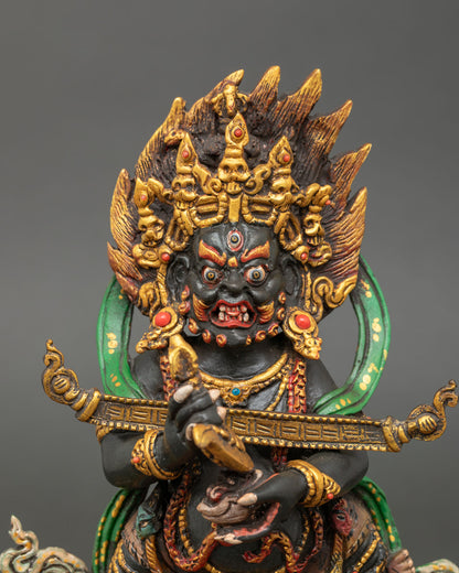 Close up Sakya Mahakala face wrathful expression flaming halo lotus seat Himalayan deity