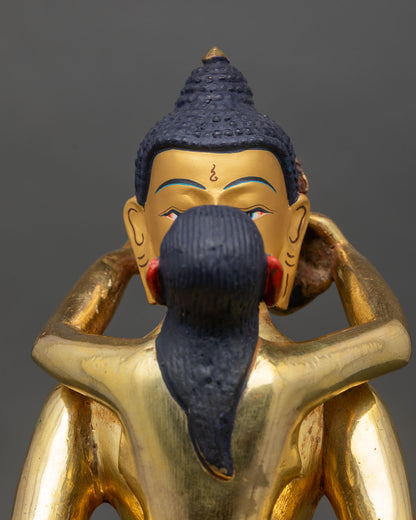 Close up Samantabhadra consort face detail gold painted finish semi precious stones Himalayan Buddhist statue floral halo sacred craftsmanship