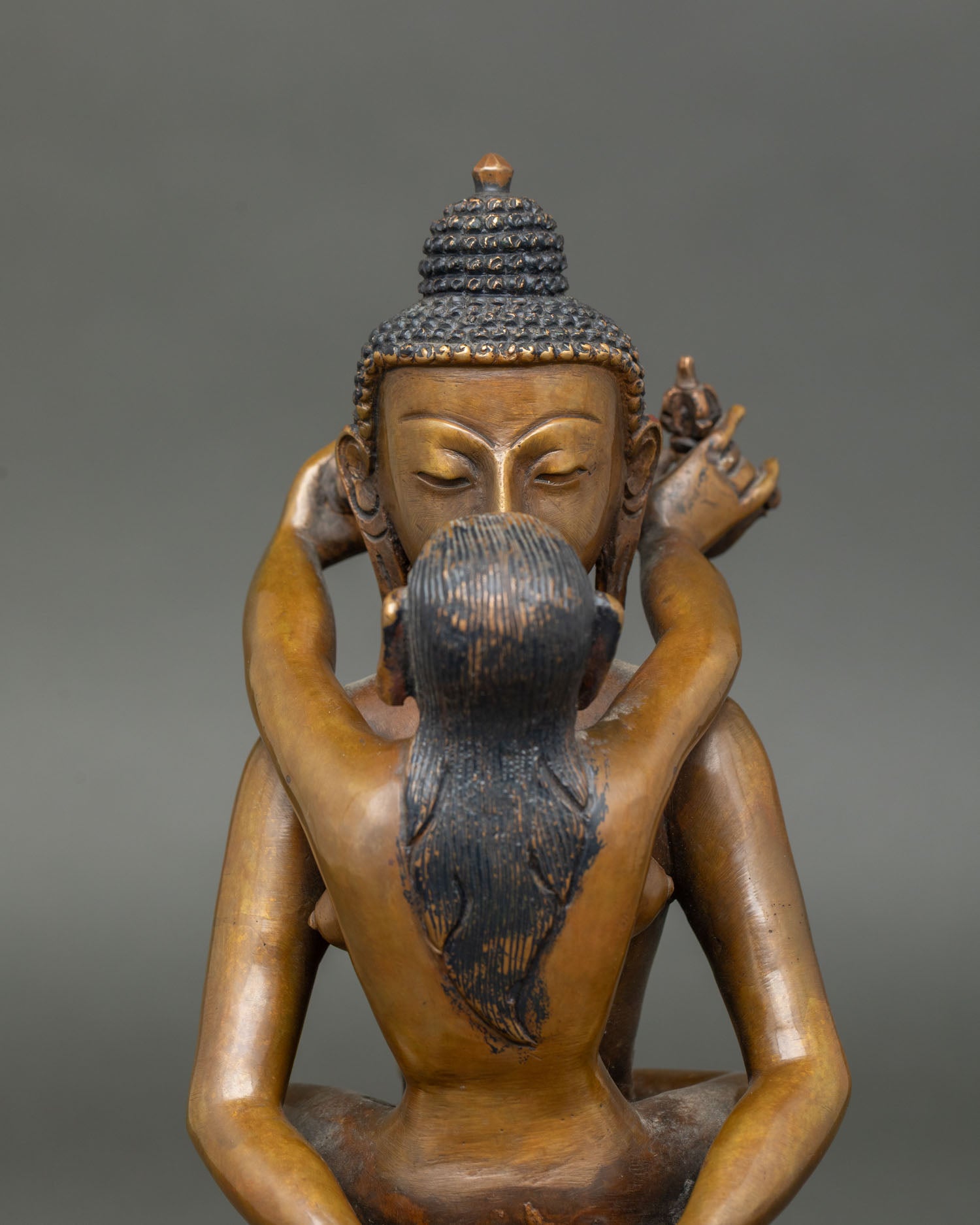 Close up Samantabhadra Yab Yum sculpture detail Newari artisan lost wax casting wisdom compassion union Himalayan Buddhist statue