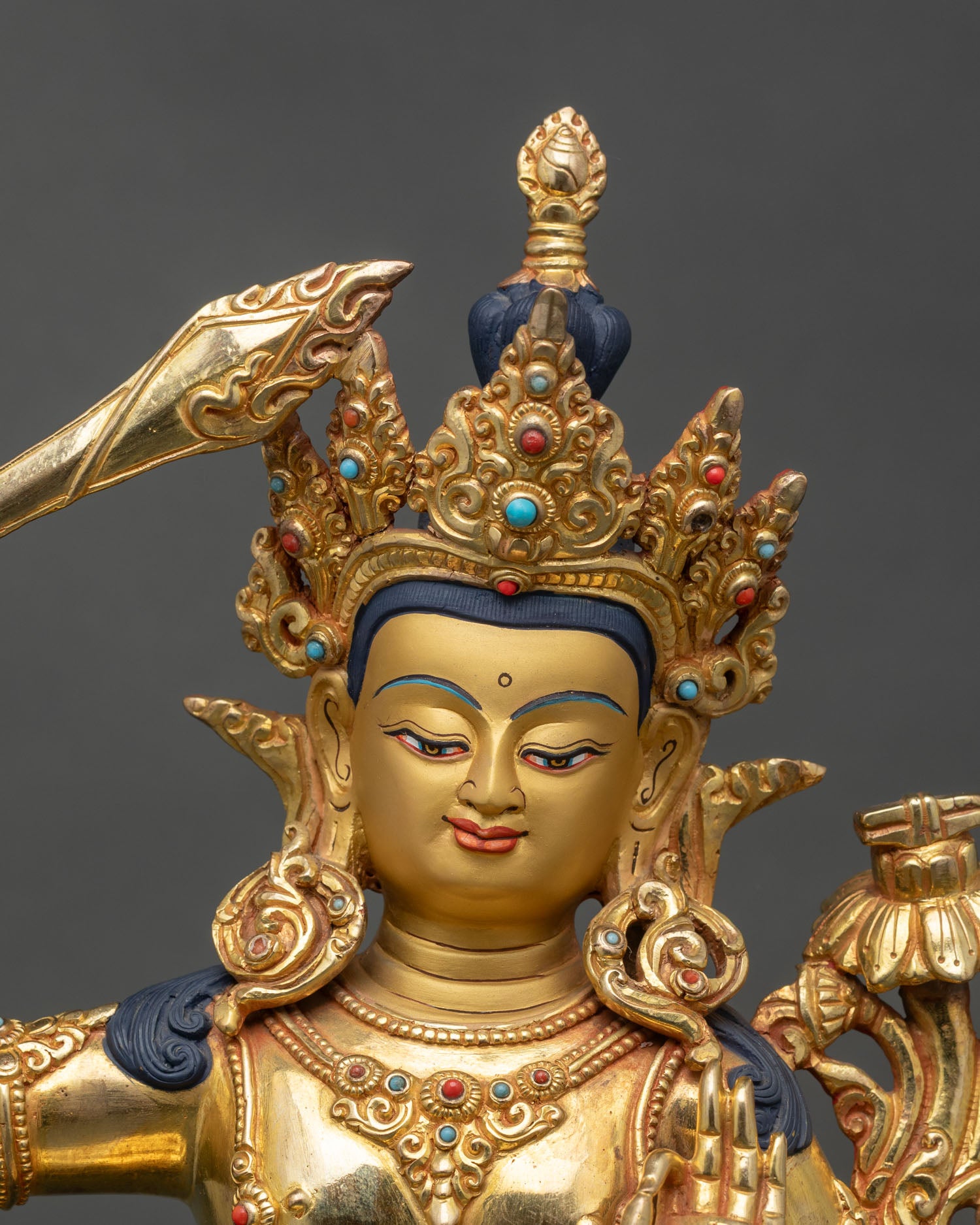 Close Up Serene Manjushri Face Glowing With Compassion Flaming Sword Prajnaparamita Sutra