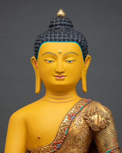 Close up Shakyamuni Buddha face with serene expression Bhumisparsha Mudra and Himalayan hand carved detailing for meditation space