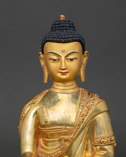 Close up Shakyamuni Buddha gold painted face sculpture, spiritual Buddhist artwork