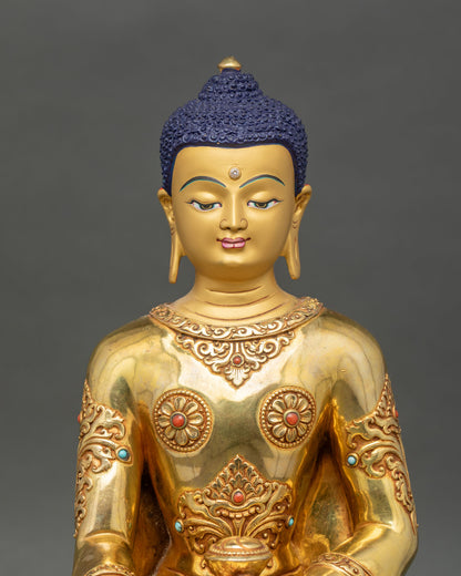 Close up Shakyamuni Buddha gold painted face turquoise coral stone inlays