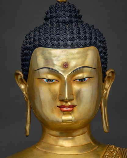 Close-Up of Shakyamuni Buddha's Serene 24K Gold-Painted Face