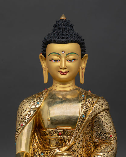 Close up Shakyamuni Buddha statue, copper alloy lost wax with gold gilded details