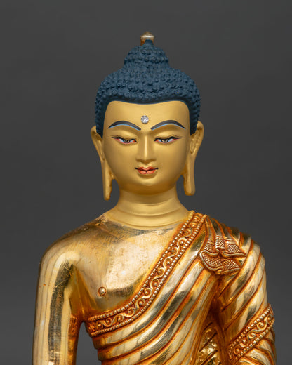 close up shakyamuni buddha statue, detailed copper craftsmanship, gold gilded nepal sculpture