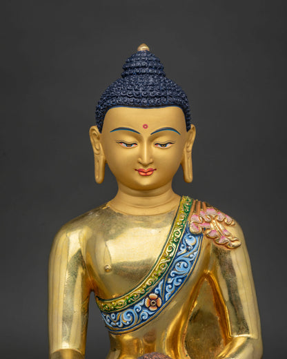 close up shakyamuni buddha statue double lotus seat monastic robe acrylic detail