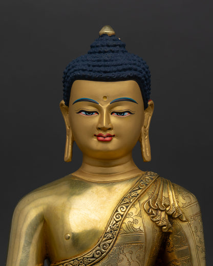 Close up Shakyamuni Buddha statue gold painted face detailed eyes handcrafted Nepal craftsmanship