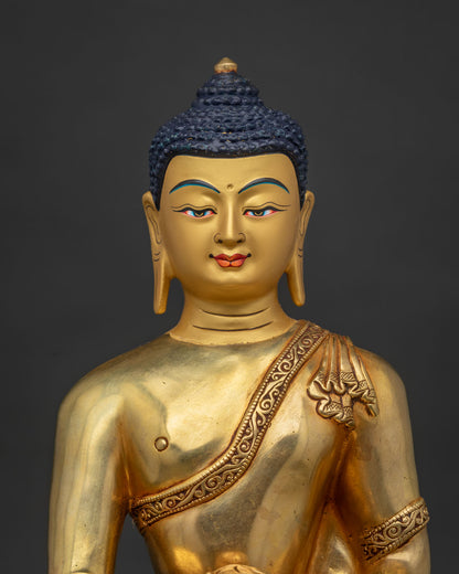 close up Shakyamuni Buddha statue Newari handcrafted gold gilded details