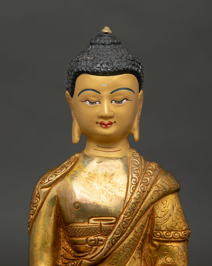 Close up Shakyamuni Buddha statue showing gold painted face floral monk robe and intricate details.