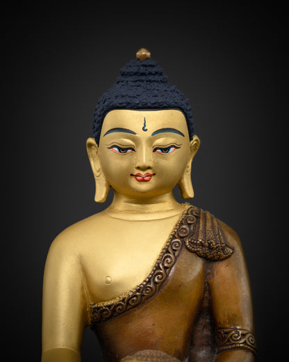 Close up shakyamuni buddha statue with deep blue hand painted acrylic eyes.