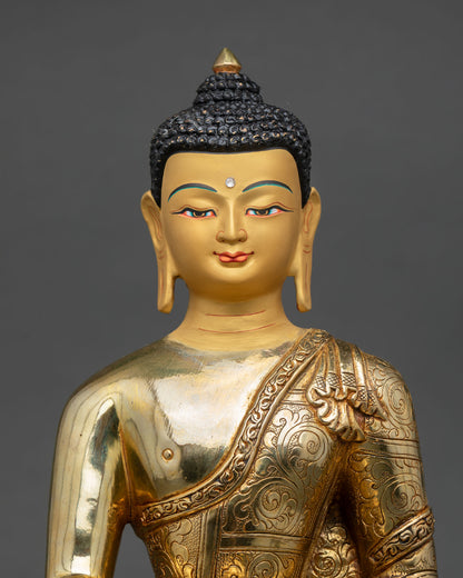 Close up Shakyamuni Buddha statue with delicately gold painted face and intricate Himalayan artisan craftsmanship details