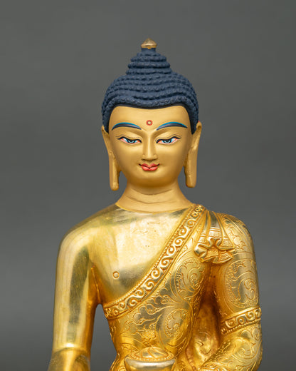 Close up Siddhartha Gautama Buddha gold painted face intricate floral motifs