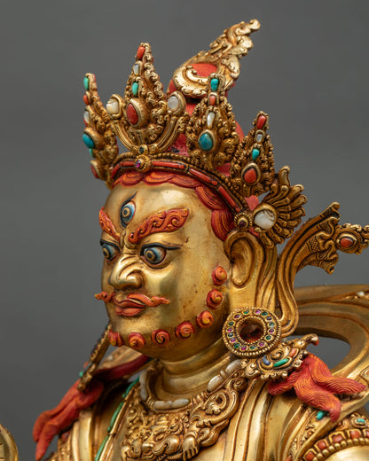 Close-up side view of Namtoshe face with hand-painted beard, turquoise-inlaid crown, and gold gilding