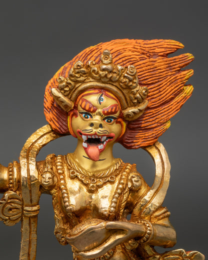 Close up Simha Mukha face third eye five skull crown skull garland Himalayan tantric art