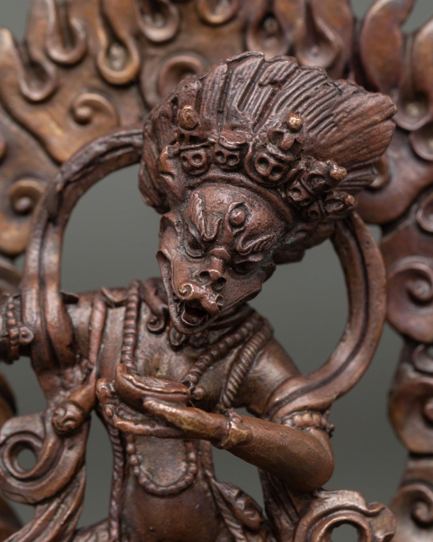 Close up view of Simhamukha Lion-Faced Dakini showing fierce expression with Himalayan Buddhist craftsmanship from Nepal