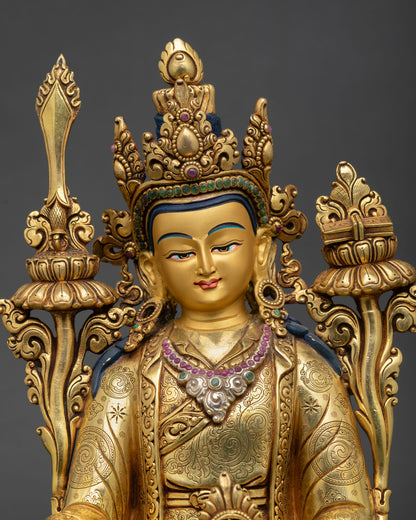 Close up Trisong Detsen face with gold finished detail crown earrings and serene expression representing wisdom and enlightened vision