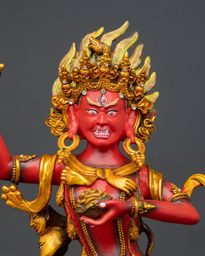Close-up Troma Nagmo statue, copper Vajrayana art, gold finish, ritual detail