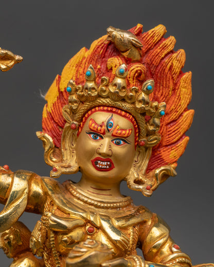 Close up Troma Nangmo face, three eyes, 24K gold-painted, fierce Dakini, awakened wisdom