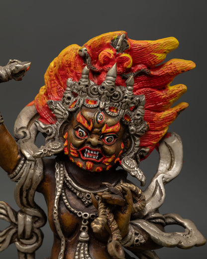 Close up Vajrapani face detail wrathful expression flame like hair, Himalayan Buddhist sculpture