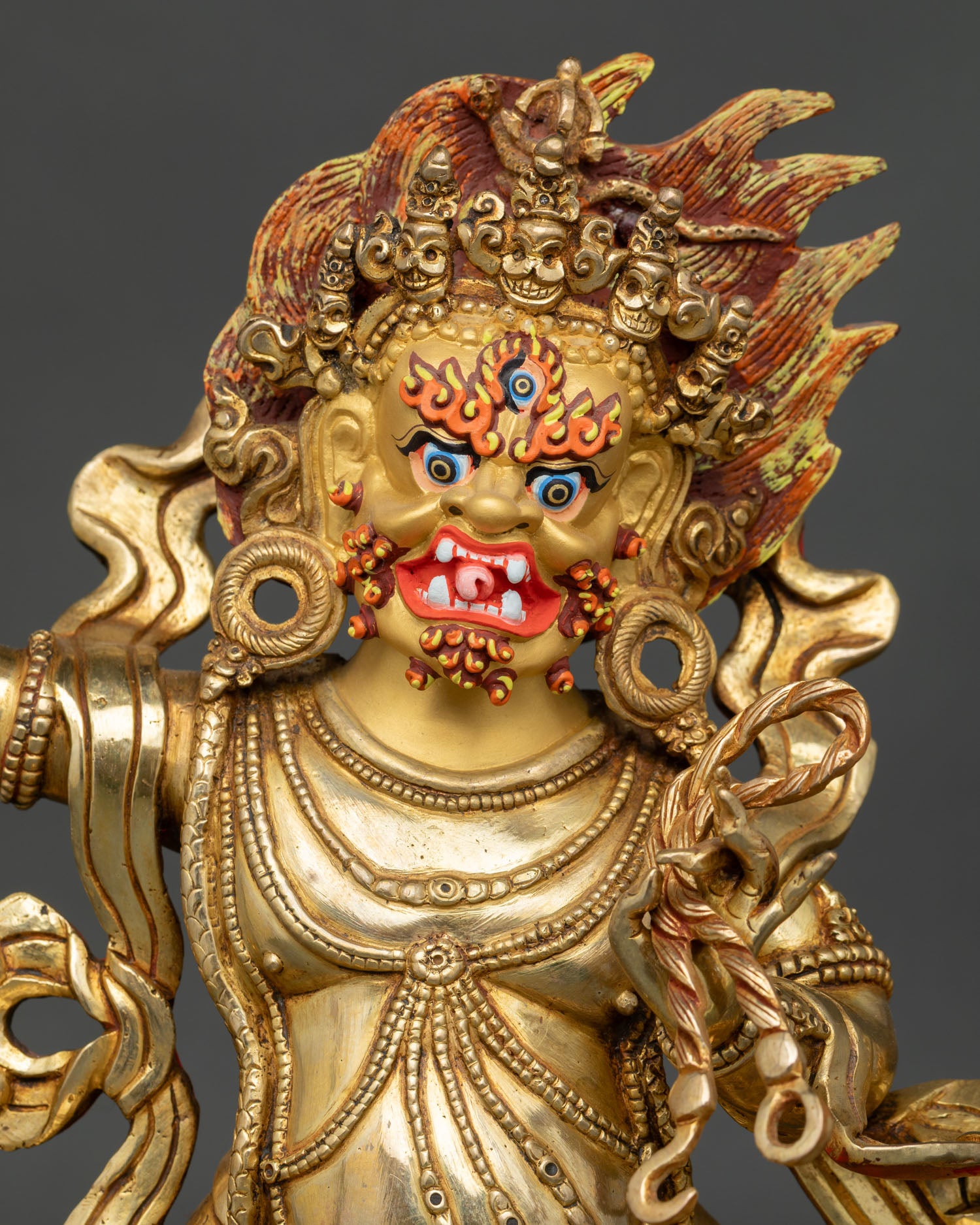 Close Up Vajrapani Face,Gold Painted Expression, Himalayan Buddhist Art