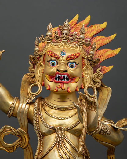Close up Vajrapani wrathful expression in dynamic posture symbolizing protector of Dharma