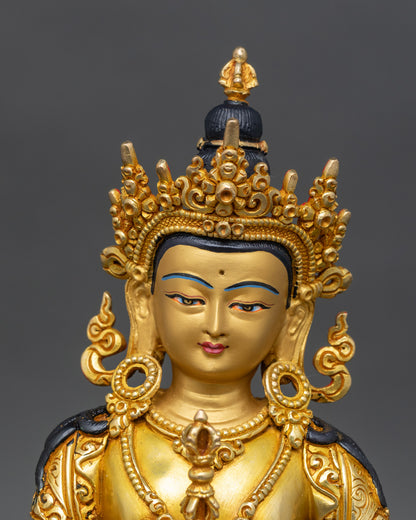close-up-vajrasattva-face-handcrafted-nepal-buddhist-statue-gold-painted-detail