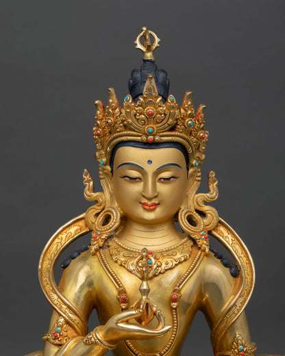 Close up Vajrasattva gold painted face, holding vajra, Tibetan Buddhist purification and meditation art 