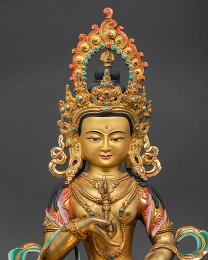 Close up Vajrasattva, serene face, gold gilded detailing, semi-precious stones, Newari artisan craftsmanship, Buddhist purification deity meditation sculpture, sacred expression