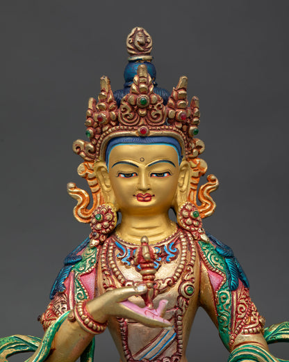 Close up Vajrasattva serene gold painted face with enlightened expression symbolizing purification spiritual renewal and divine wisdom