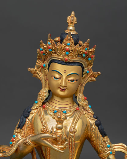 Close-up Vajrasattva statue, Himalayan Buddhist copper art with fine craftsmanship
