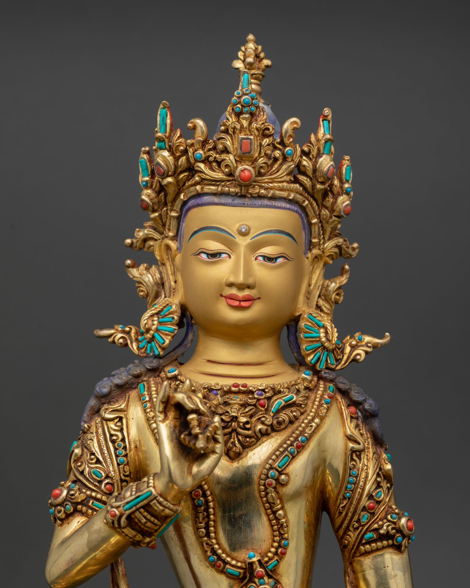 Close Up Vajrasattva Statue with Semi Precious Stones and 3D Carved Details