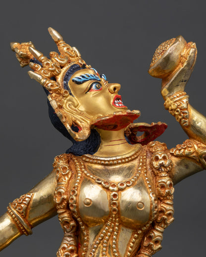 close up vajrayogini statue intricate details 24k gold fire gilding flaming aureole nepal art
