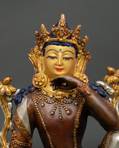 Close up view Lokeshvara bodhisattva statue showing detailed copper craftsmanship and ornament work