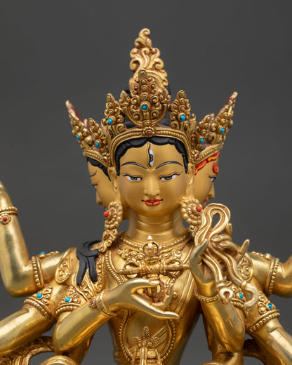 Close up view of Namgyalma Buddhist deity statue showing detailed three faces crown ornaments