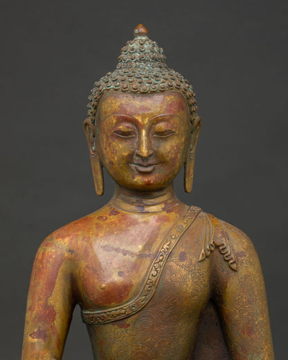 Close up view of Amitabha Buddha face and floral motif monk robe carving on antique copper Buddhist sculpture.
