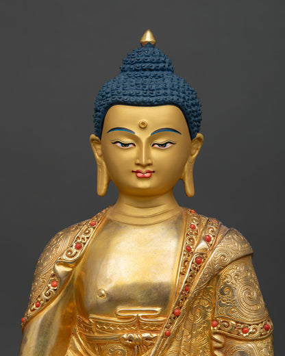 Close up view of Amitabha Buddha Statue showing serene golden face, delicate details, and traditional Nepalese artistry