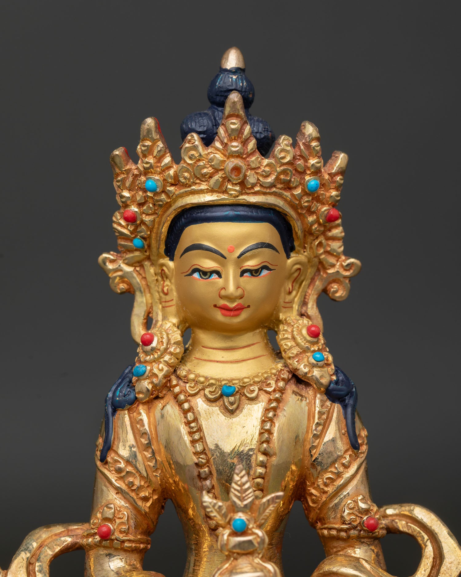 Close Up View of Amitayus Gold Painted Face with Dhyana Mudra and Jewel Ornaments